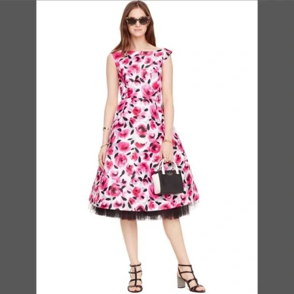 Kate Spade Rose Bud Floral Brocade Fit & Flare Dress with Tulle- Pink & Black